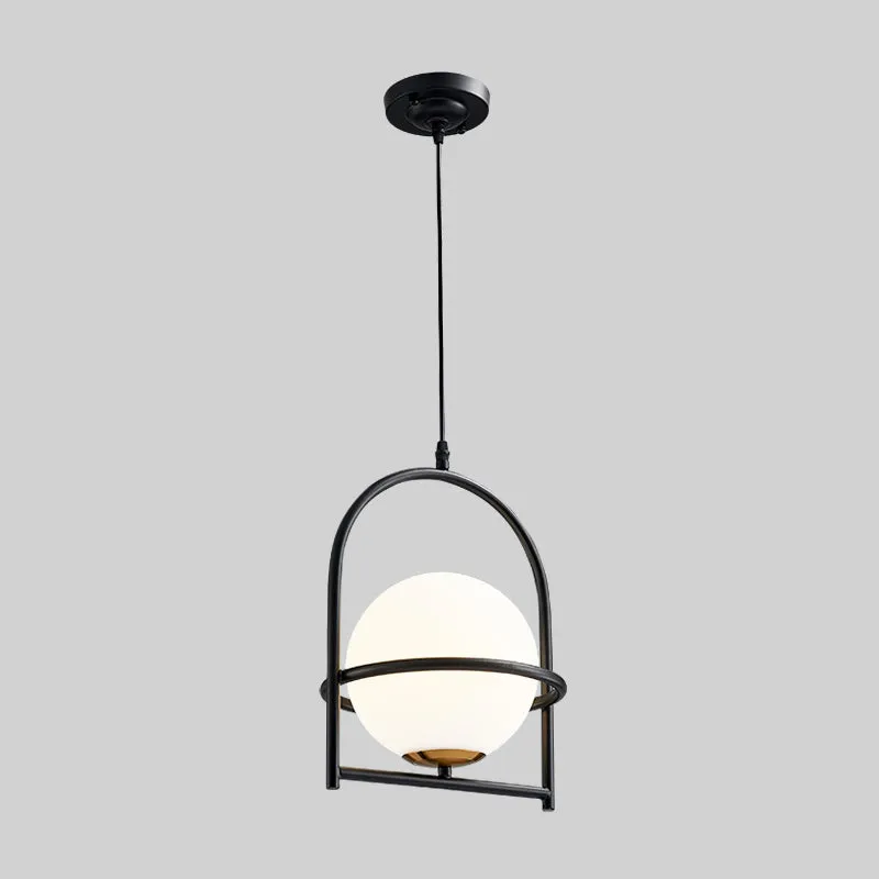 Modern Ball Suspension Light with Birdcage Design, Opal Glass, 1 Bulb, 9"/11" Wide, Bedside Ceiling Fixture - Black/Gold
