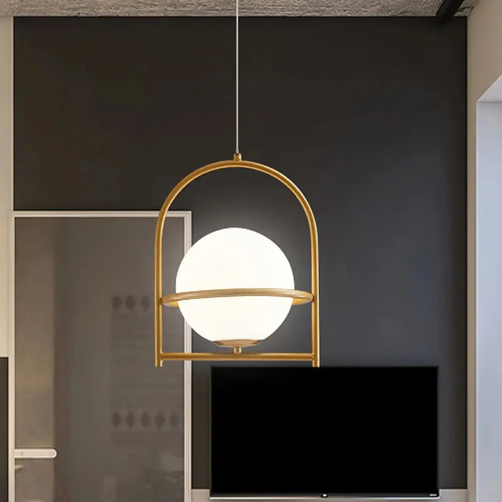 Modern Ball Suspension Light with Birdcage Design, Opal Glass, 1 Bulb, 9"/11" Wide, Bedside Ceiling Fixture - Black/Gold