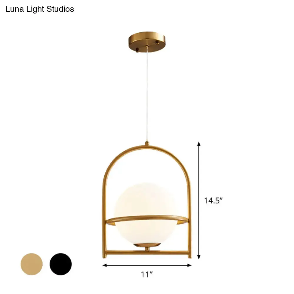 Modern Ball Suspension Light with Birdcage Design, Opal Glass, 1 Bulb, 9"/11" Wide, Bedside Ceiling Fixture - Black/Gold