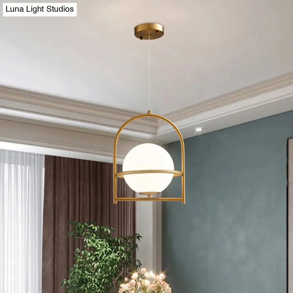 Modern Ball Suspension Light with Birdcage Design, Opal Glass, 1 Bulb, 9"/11" Wide, Bedside Ceiling Fixture - Black/Gold