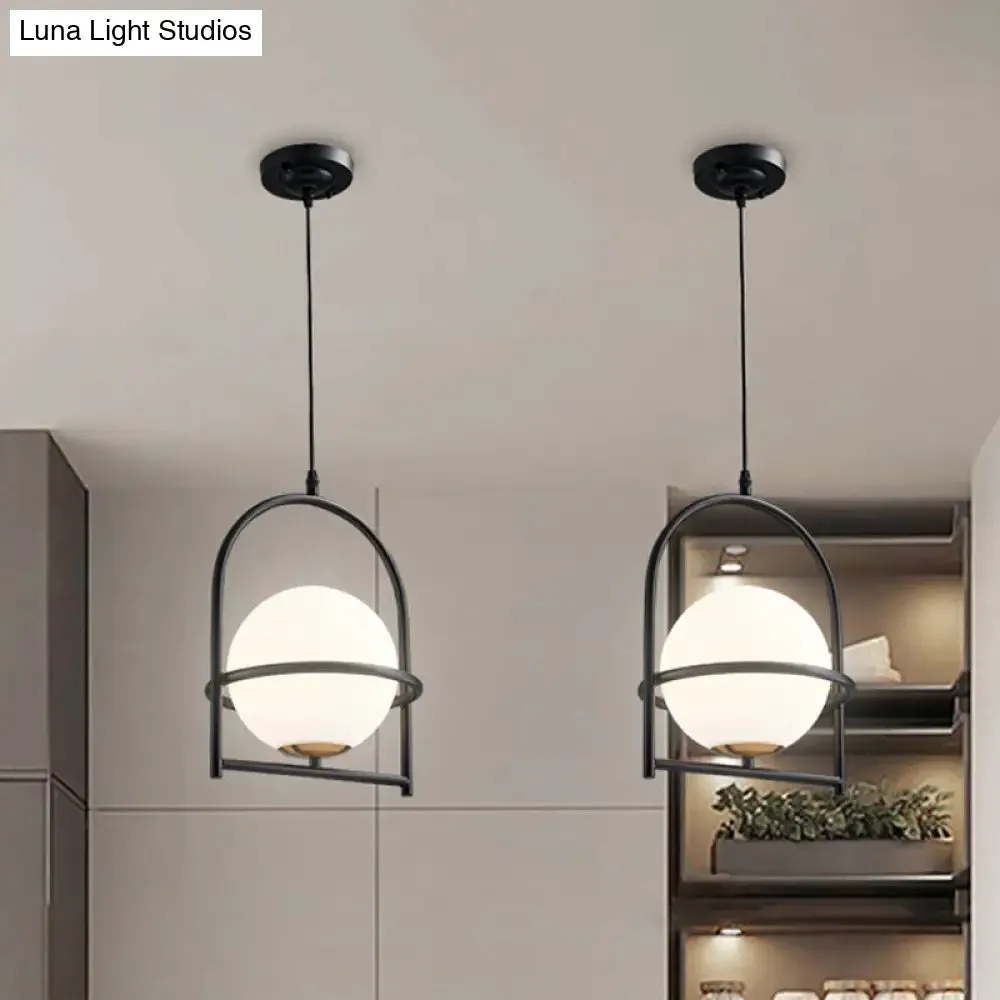 Modern Ball Suspension Light with Birdcage Design, Opal Glass, 1 Bulb, 9"/11" Wide, Bedside Ceiling Fixture - Black/Gold