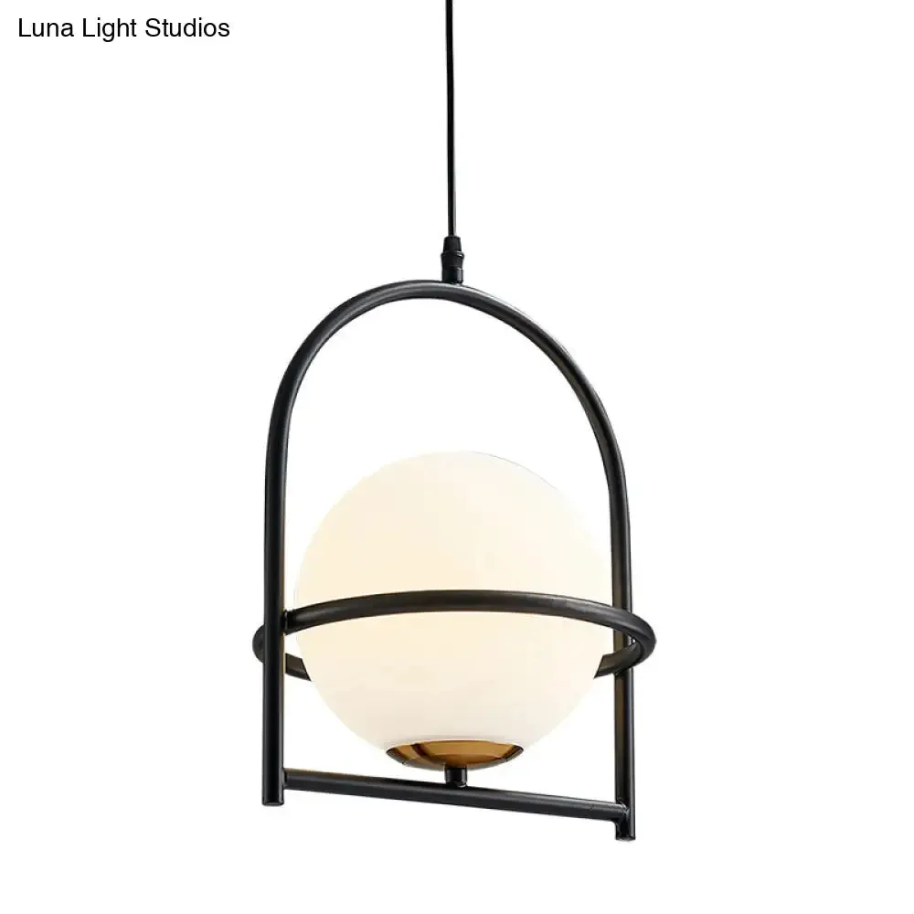 Modern Ball Suspension Light with Birdcage Design, Opal Glass, 1 Bulb, 9"/11" Wide, Bedside Ceiling Fixture - Black/Gold