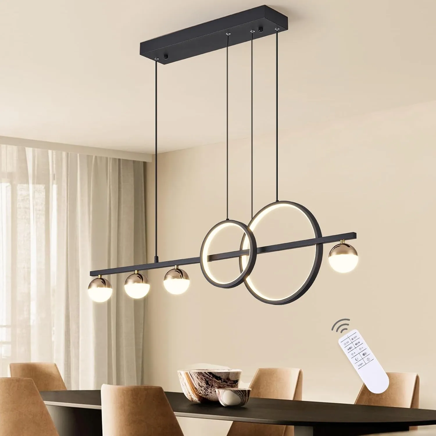 Modern Black Gold Chandeliers for Dining Room, Dimmable LED Chandelier Linear Pendant Light for Kitchen Island, 39in Globe Haning Pendant Chandelier Lighitng with Remote (2 Rings, 3000lm)