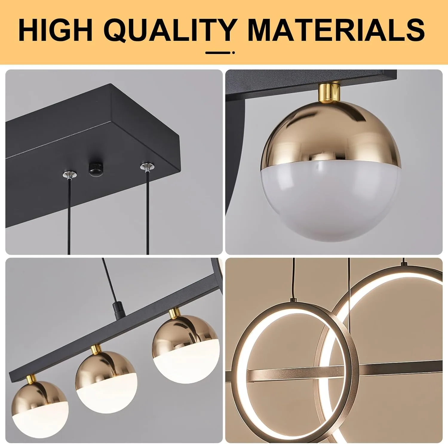 Modern Black Gold Chandeliers for Dining Room, Dimmable LED Chandelier Linear Pendant Light for Kitchen Island, 39in Globe Haning Pendant Chandelier Lighitng with Remote (2 Rings, 3000lm)