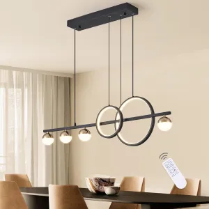 Modern Black Gold Chandeliers for Dining Room, Dimmable LED Chandelier Linear Pendant Light for Kitchen Island, 39in Globe Haning Pendant Chandelier Lighitng with Remote (2 Rings, 3000lm)