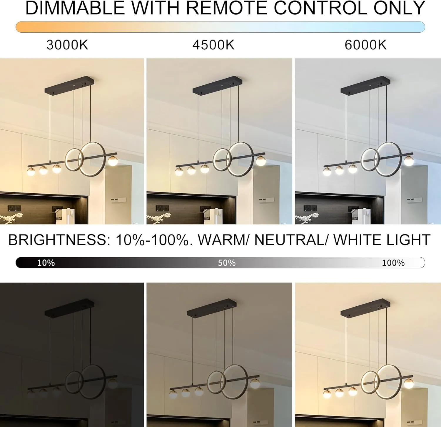 Modern Black Gold Chandeliers for Dining Room, Dimmable LED Chandelier Linear Pendant Light for Kitchen Island, 39in Globe Haning Pendant Chandelier Lighitng with Remote (2 Rings, 3000lm)