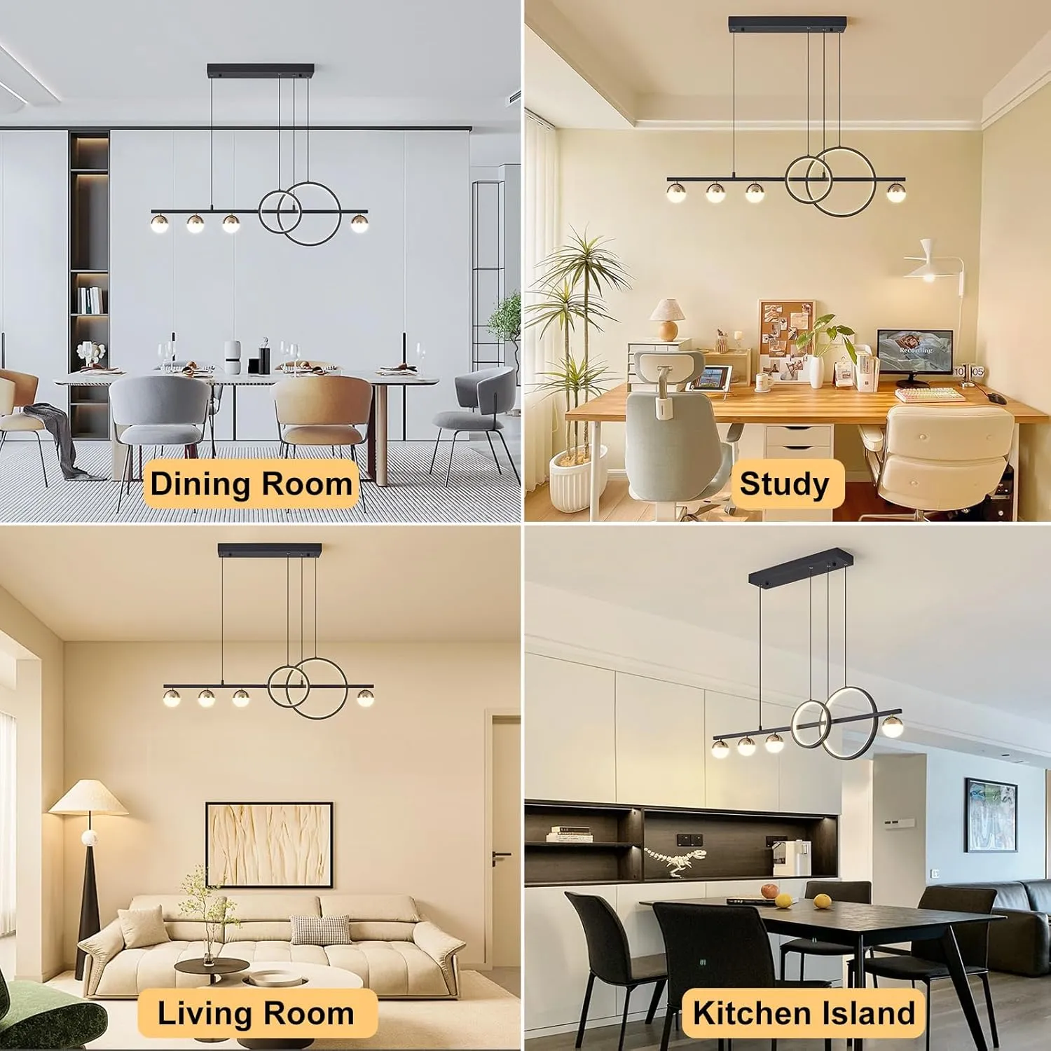 Modern Black Gold Chandeliers for Dining Room, Dimmable LED Chandelier Linear Pendant Light for Kitchen Island, 39in Globe Haning Pendant Chandelier Lighitng with Remote (2 Rings, 3000lm)
