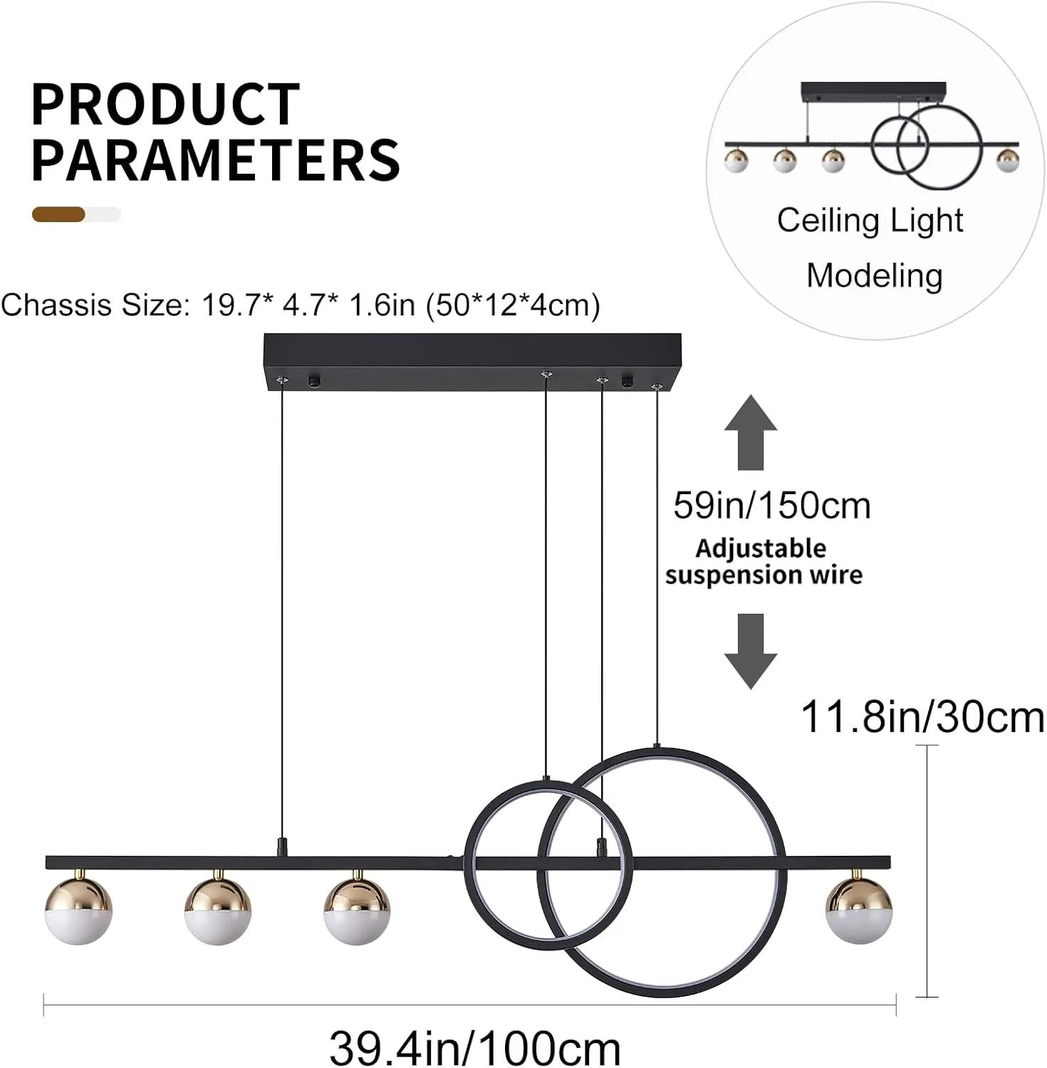 Modern Black Gold Chandeliers for Dining Room, Dimmable LED Chandelier Linear Pendant Light for Kitchen Island, 39in Globe Haning Pendant Chandelier Lighitng with Remote (2 Rings, 3000lm)