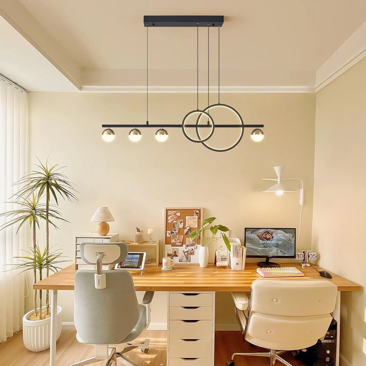 Modern Black Gold Chandeliers for Dining Room, Dimmable LED Chandelier Linear Pendant Light for Kitchen Island, 39in Globe Haning Pendant Chandelier Lighitng with Remote (2 Rings, 3000lm)