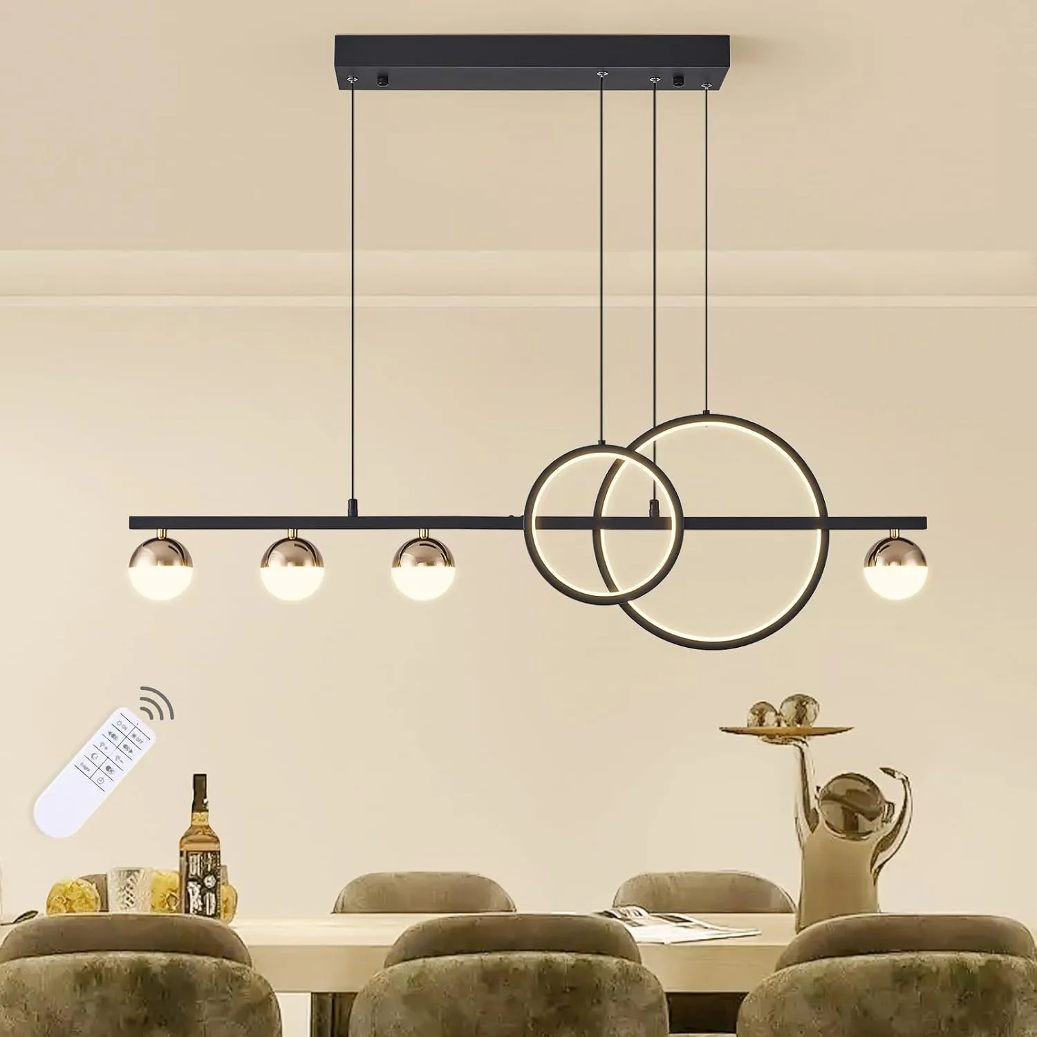 Modern Black Gold Chandeliers for Dining Room, Dimmable LED Chandelier Linear Pendant Light for Kitchen Island, 39in Globe Haning Pendant Chandelier Lighitng with Remote (2 Rings, 3000lm)