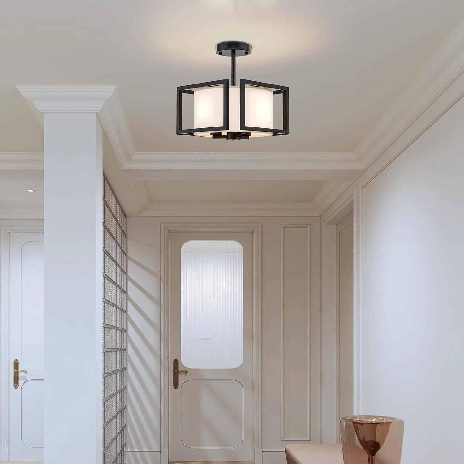 Modern Ceiling Light Fixture - Easric Semi Flush Mount Ceiling Light Industrial Light Fixtures Ceiling Mount with Fabric Shade Black Metal Frame Drum Ceiling Lights for Bedroom,Hallway,Kitchen