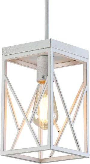 Modern Farmhouse Pendant Light with Metal Cage, One-Light Adjustable Rods Rustic Mini Pendant Lighting Fixture for Kitchen Island Cafe Bar, White with Gold