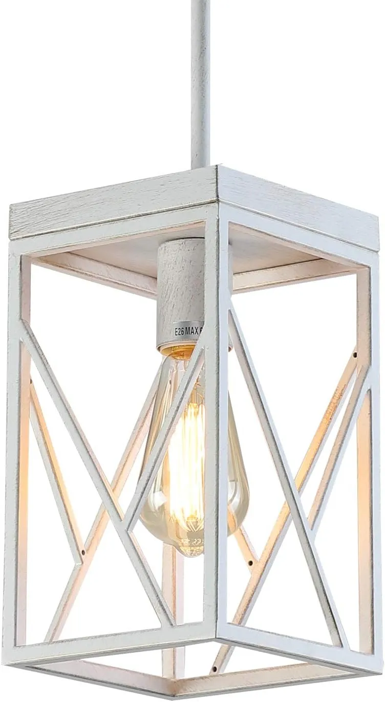 Modern Farmhouse Pendant Light with Metal Cage, One-Light Adjustable Rods Rustic Mini Pendant Lighting Fixture for Kitchen Island Cafe Bar, White with Gold