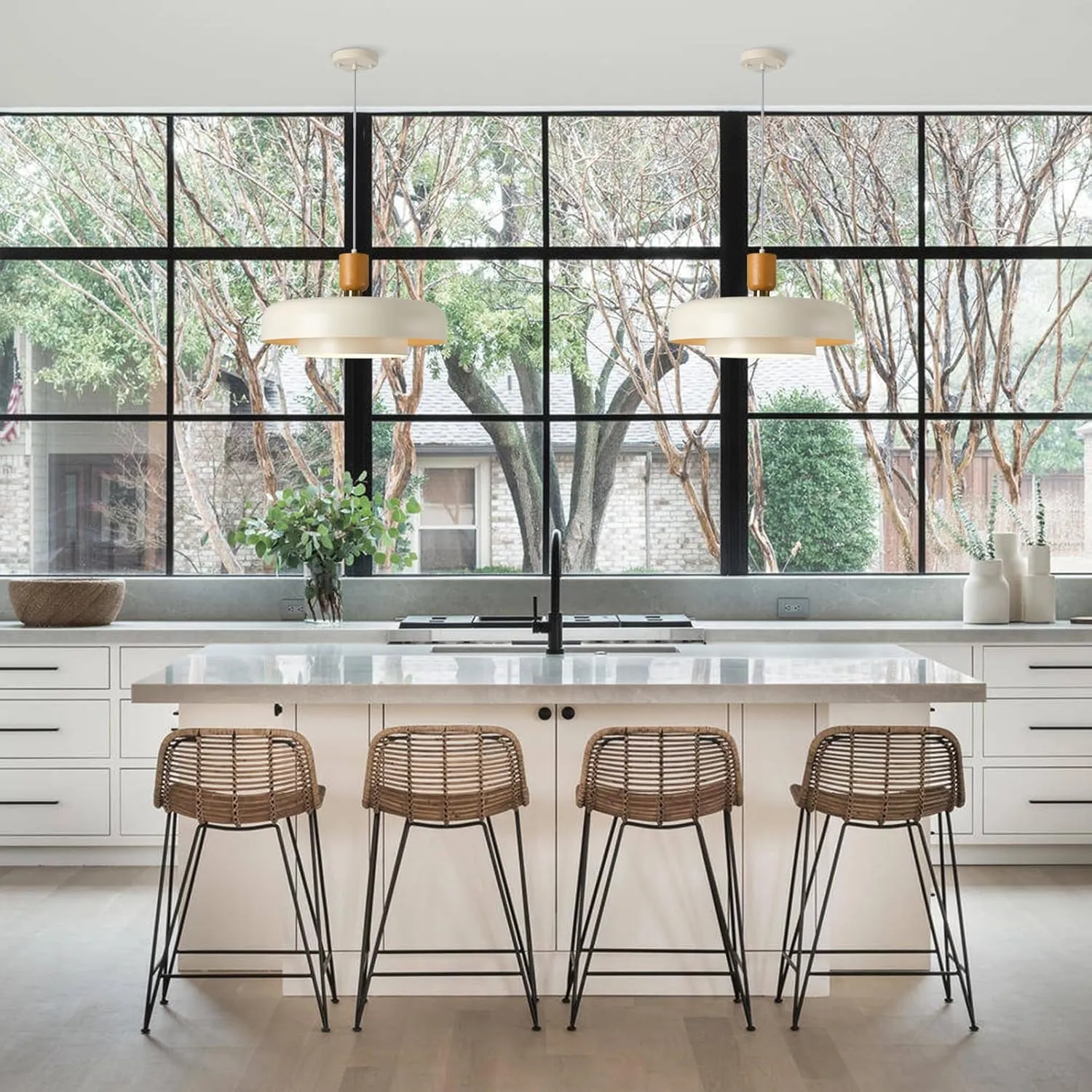 Modern Large Pendant Light 19.68 inch, 2 Tiers Soft Cream Shades, Natural Wood and Brass Accent, Mid Century Chandelier for Kitchen Island, Dining Room, Living Room