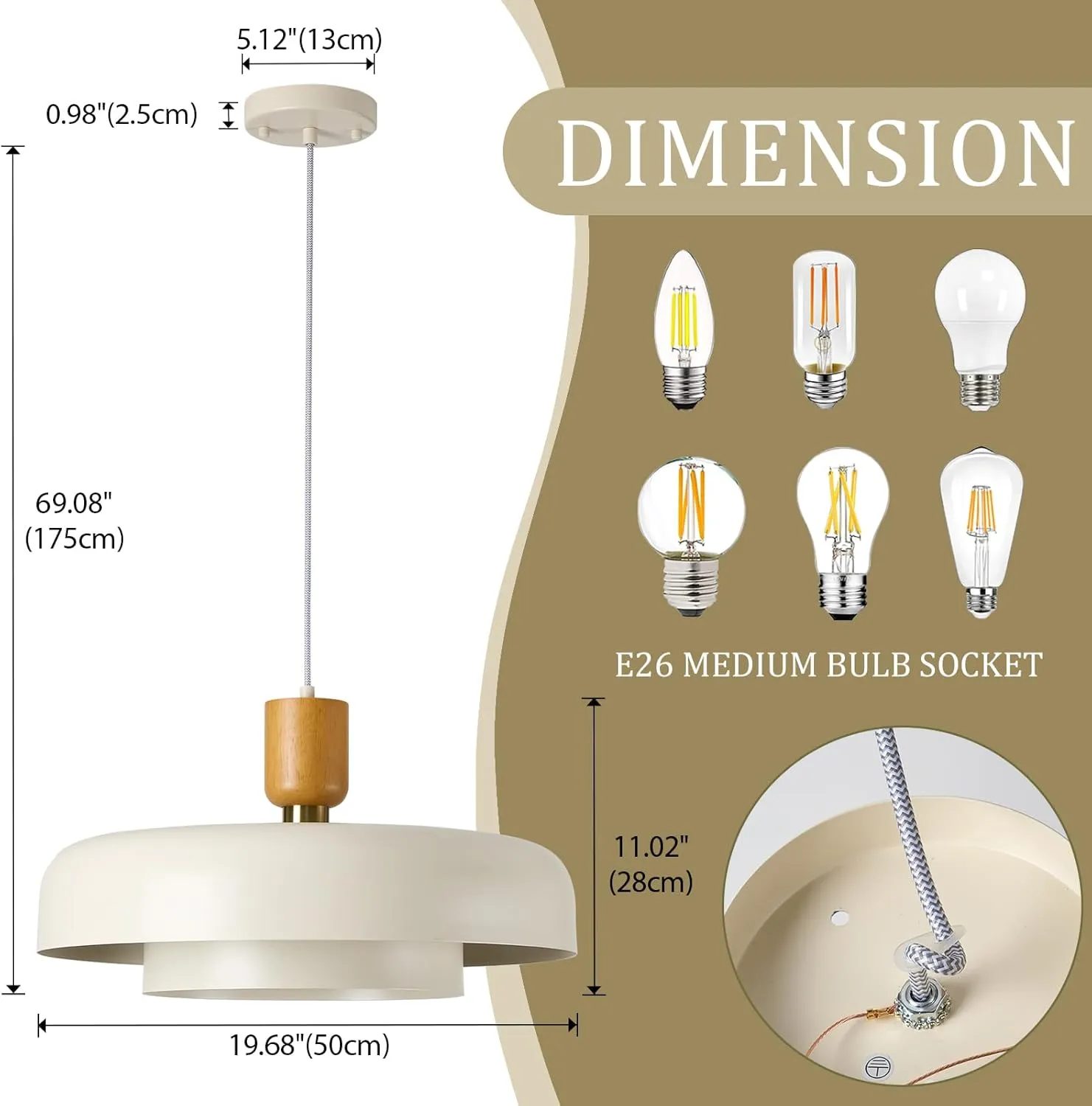 Modern Large Pendant Light 19.68 inch, 2 Tiers Soft Cream Shades, Natural Wood and Brass Accent, Mid Century Chandelier for Kitchen Island, Dining Room, Living Room