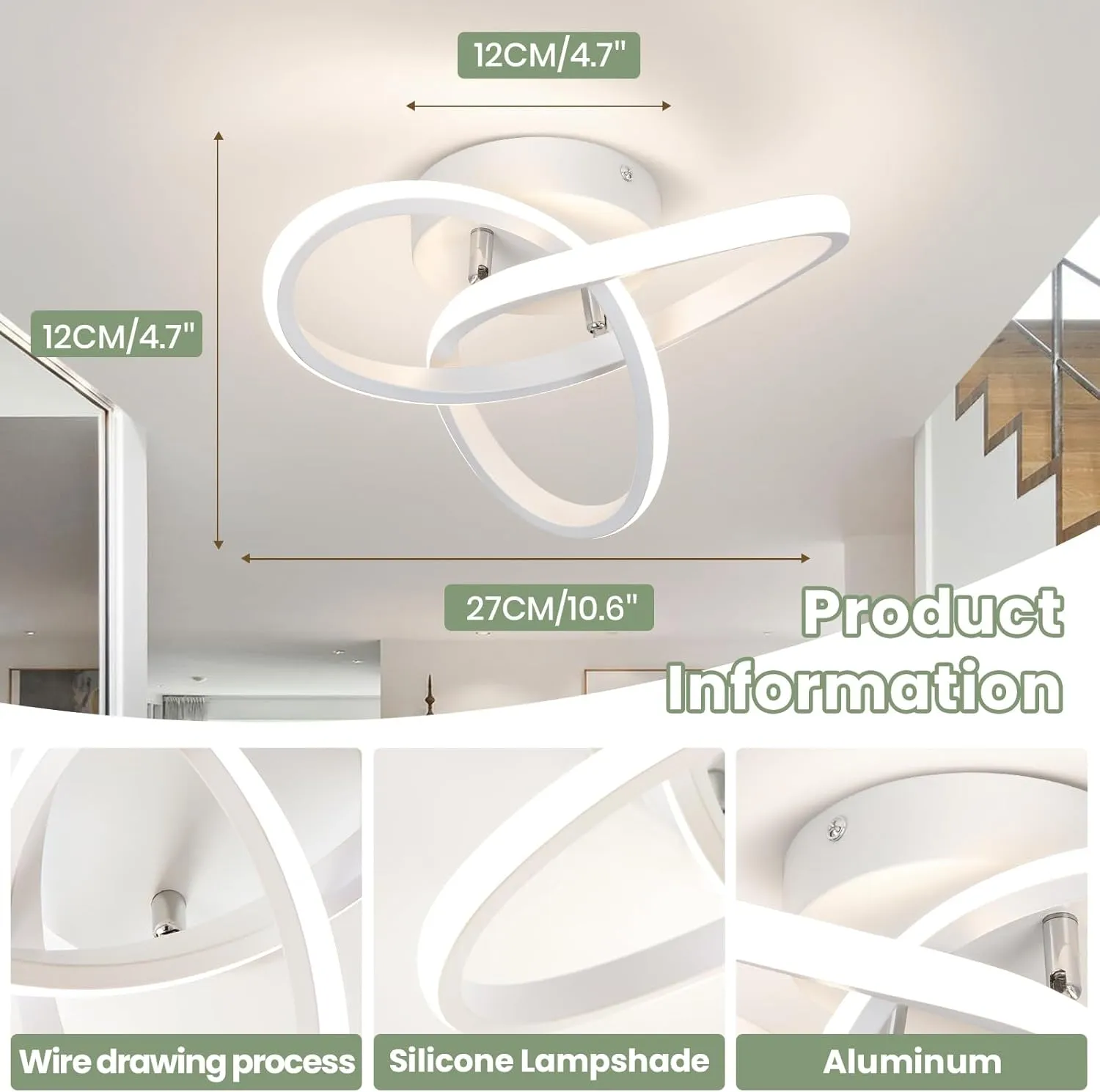 Modern Led Ceiling Light Fixtures,4500K Daylight White Semi Flush Mount Hallway Ceiling Light for Bedroom Bathroom Kitchen Balcony Laundry Room Stair Ceiling Lamp Curved Design (White, 4500K)