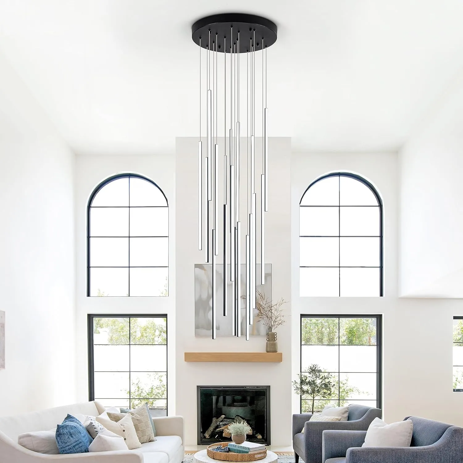 Modern LED Chandelier Clustered Led Pendant Light 18 Lights Dimmable High Ceiling Large Hanging Lighting Fixture for Loft Villa Living Room Stairs Foyer Chandelier，Black