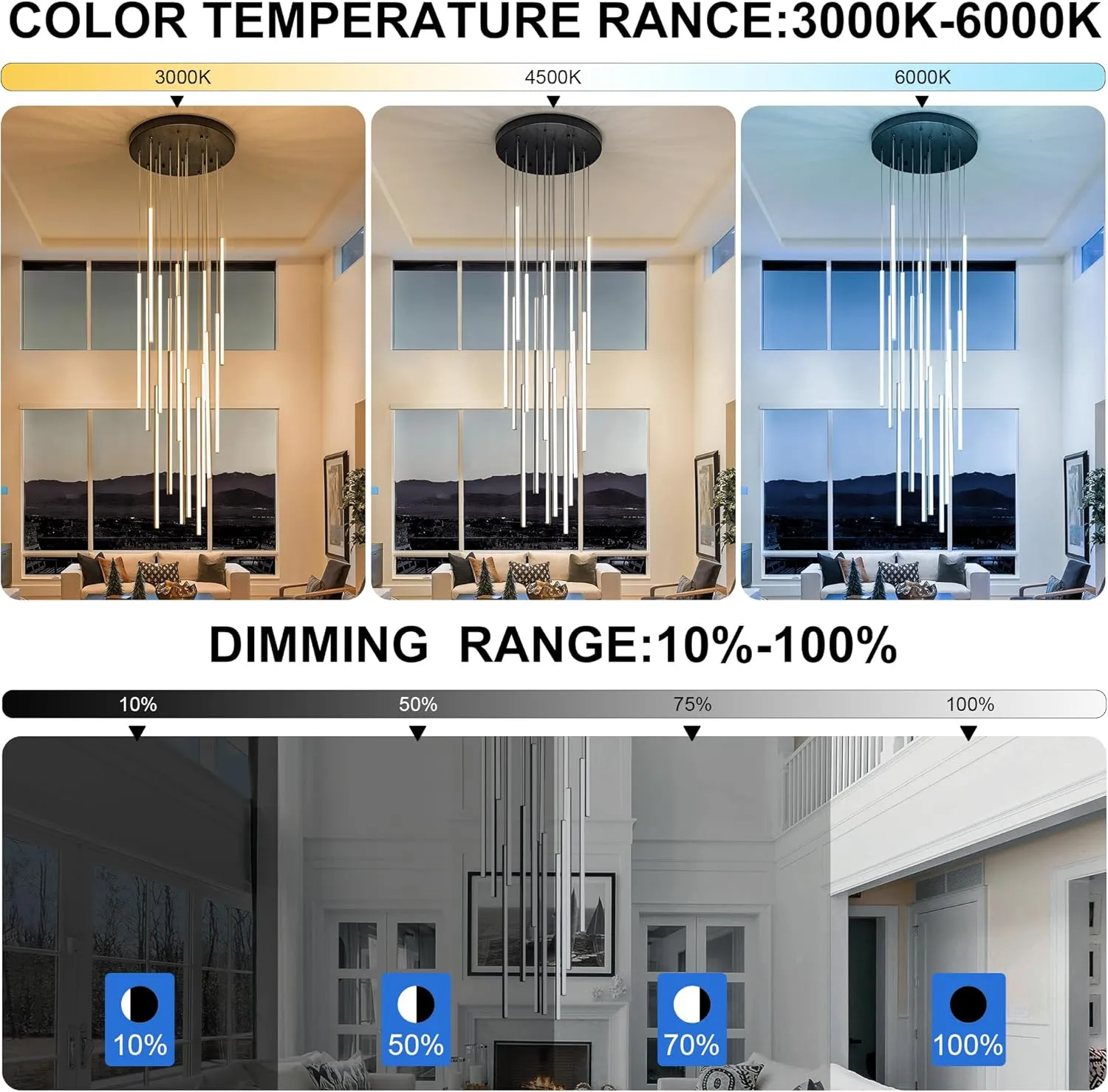 Modern LED Chandelier Clustered Led Pendant Light 18 Lights Dimmable High Ceiling Large Hanging Lighting Fixture for Loft Villa Living Room Stairs Foyer Chandelier，Black