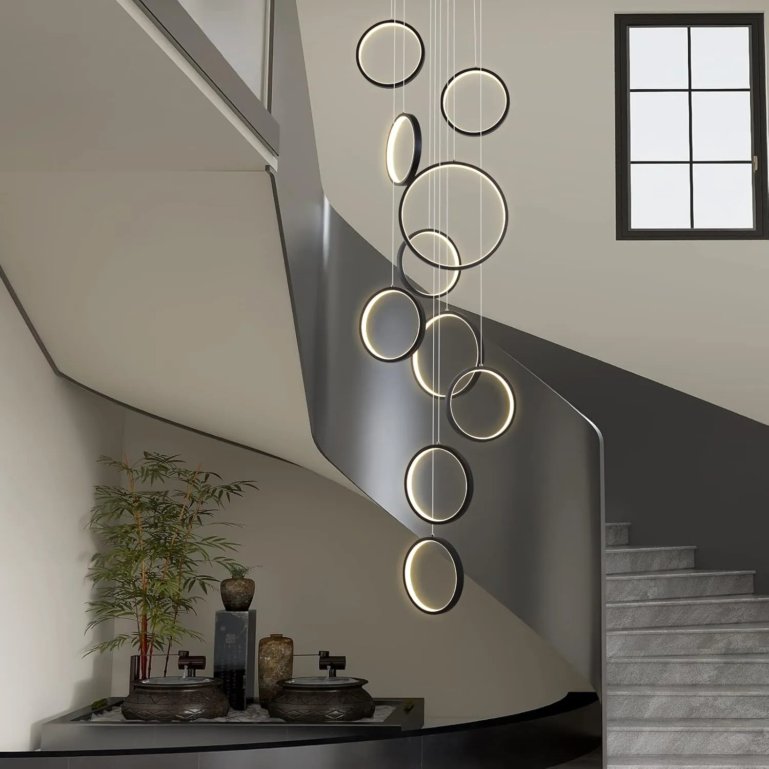 Modern Led Chandelier Lighting,Dimmable with Remote Control 10 Rings Black Pendant Light Adjustable Height Hanging Ceiling Light Fixture,for Staircase Foyer High Ceiling Living Room…
