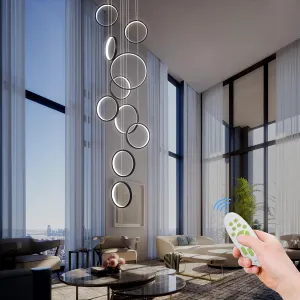 Modern Led Chandelier Lighting,Dimmable with Remote Control 10 Rings Black Pendant Light Adjustable Height Hanging Ceiling Light Fixture,for Staircase Foyer High Ceiling Living Room…