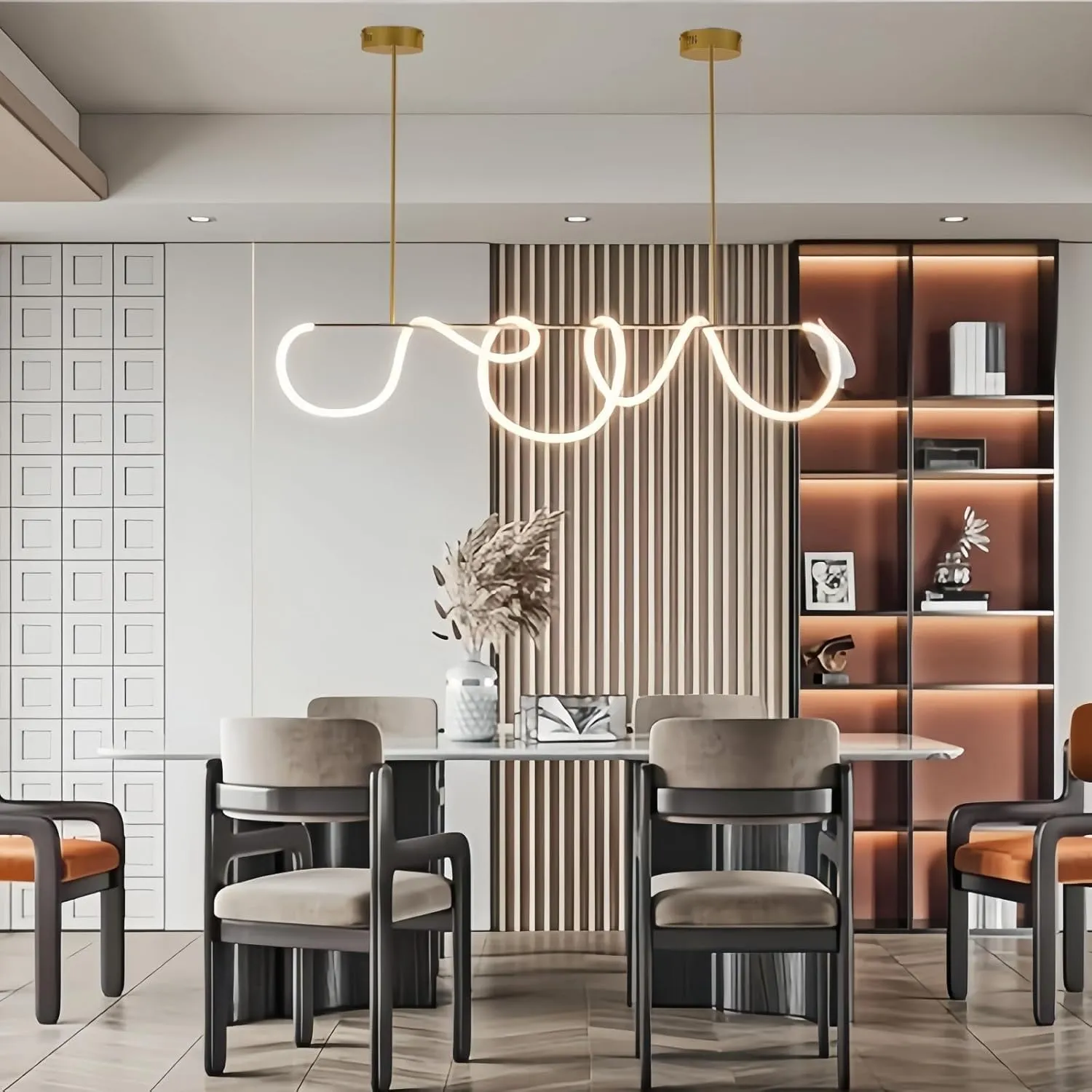 Modern LED Linear Pendant Light for Dining Room, Gold Chandelier for Office, 78" DIY Ceiling Chandelier Light with Remote Control Stepless Dimming, Restaurant Kitchen Long Hose Lamp