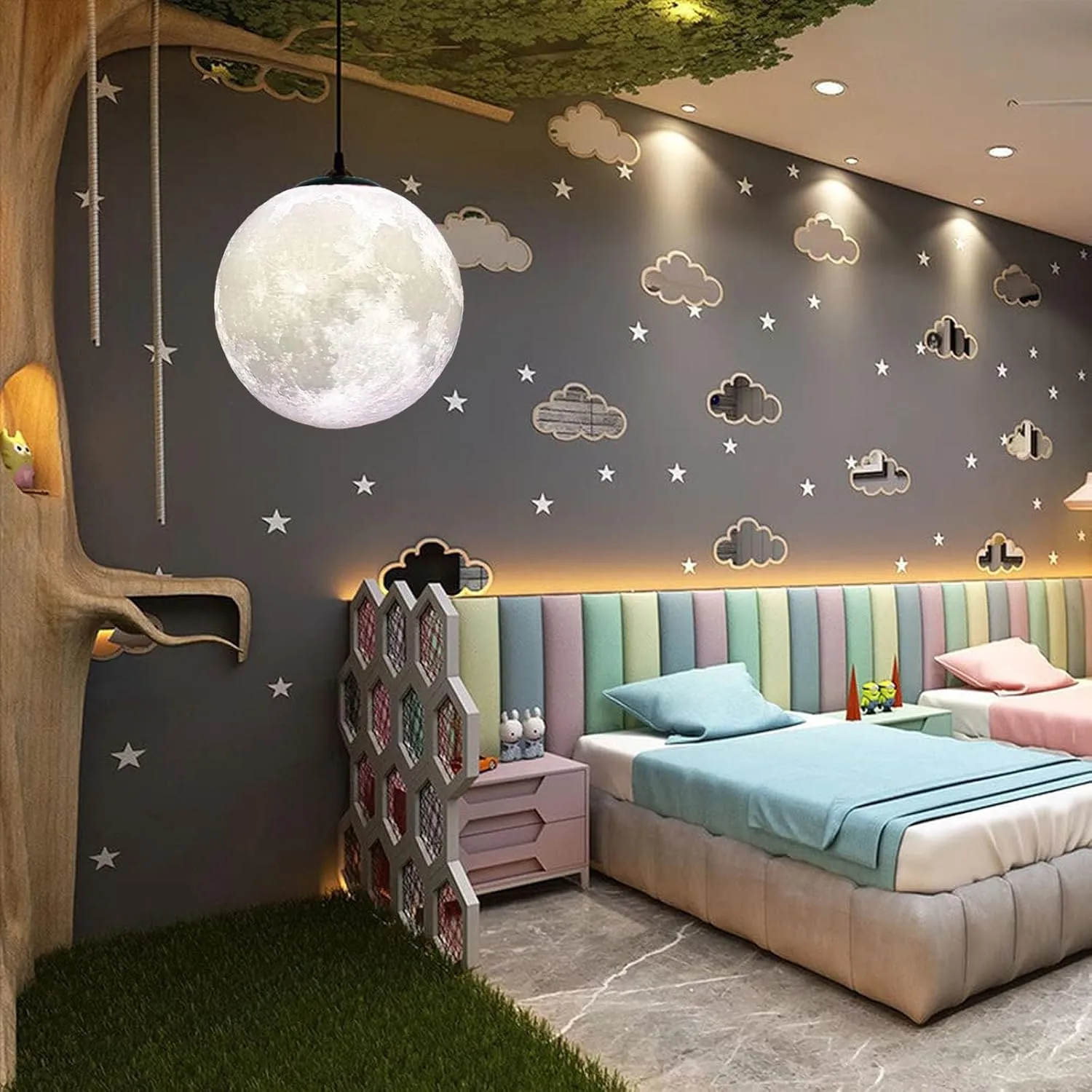 Modern Led Moon Pendant Lights Fixture,Light Up Moon Globe Night Light,3D Printed Galaxy Moon Lamp for Kids and Adults Bedroom Childrens Room Etc Ceiling Light Decor Gift (LED Bulb Included)