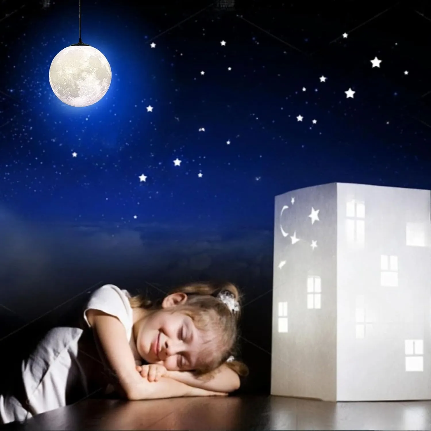 Modern Led Moon Pendant Lights Fixture,Light Up Moon Globe Night Light,3D Printed Galaxy Moon Lamp for Kids and Adults Bedroom Childrens Room Etc Ceiling Light Decor Gift (LED Bulb Included)