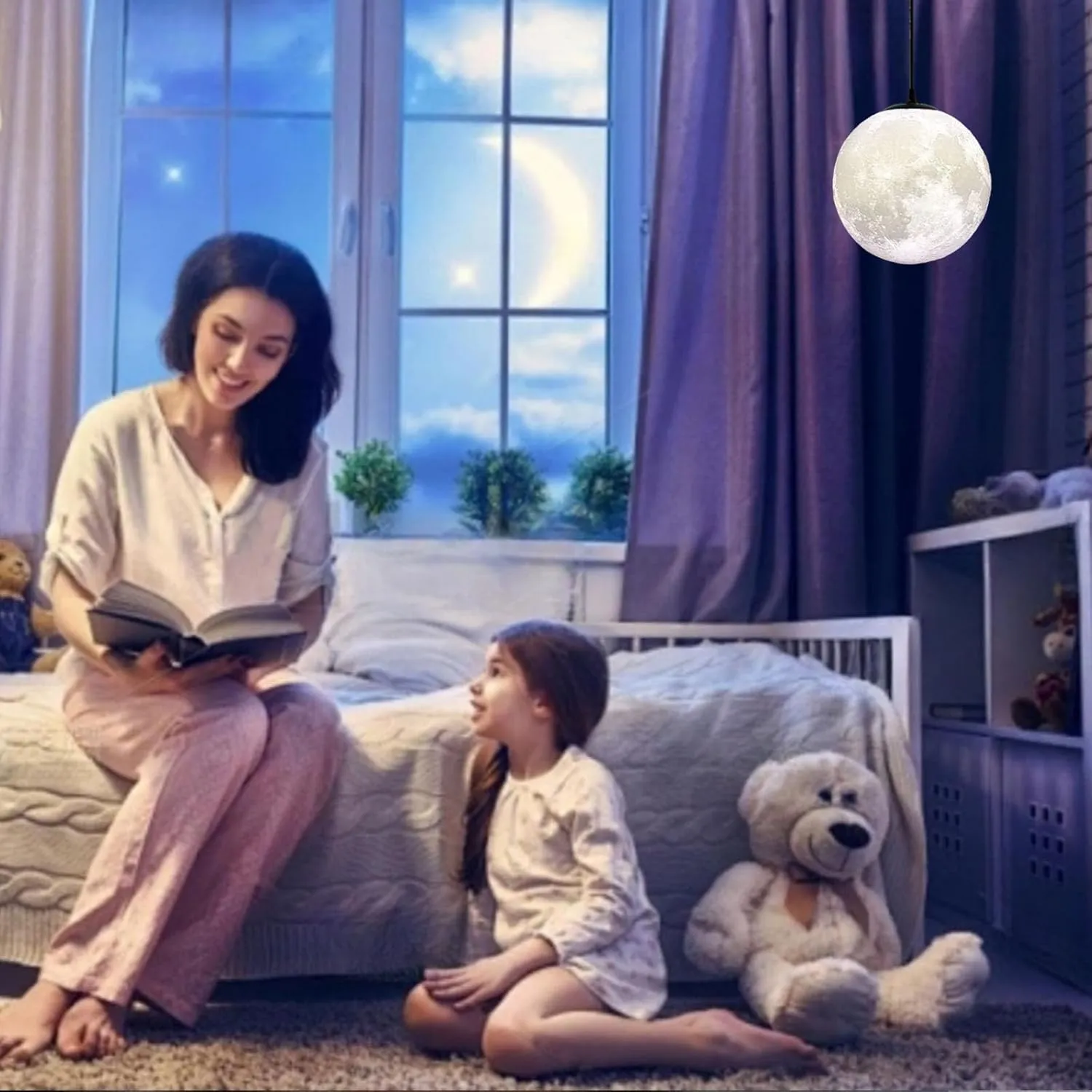 Modern Led Moon Pendant Lights Fixture,Light Up Moon Globe Night Light,3D Printed Galaxy Moon Lamp for Kids and Adults Bedroom Childrens Room Etc Ceiling Light Decor Gift (LED Bulb Included)