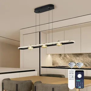 Modern LED Pendant Lights, Dimmable 39in Crystal Globe LED Rectangle Chandelier Lighting, Linear Black Dining Room Hanging Light Fixtures Kitchen Island Pendant Light Over Dining Table, 40W