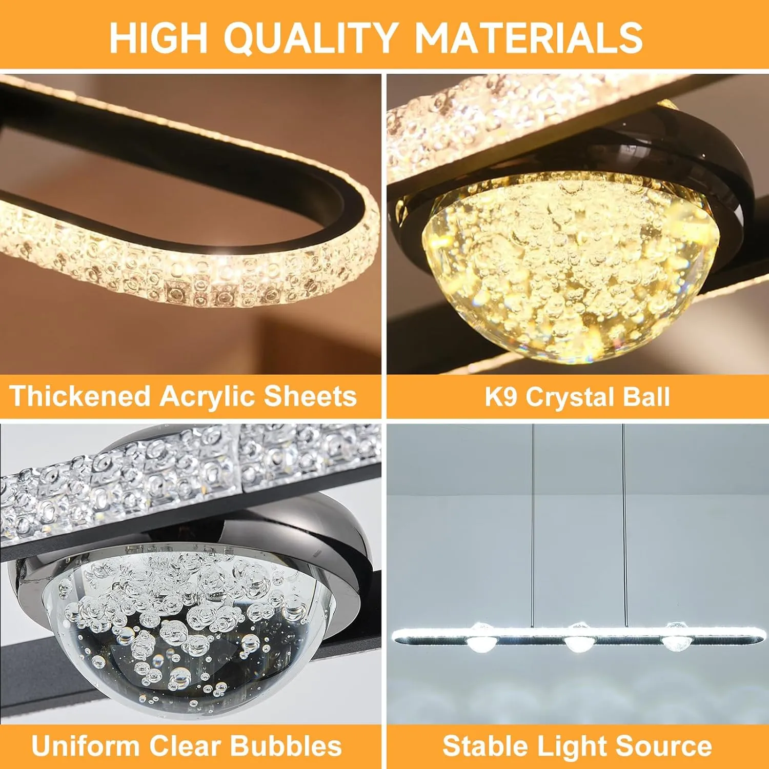 Modern LED Pendant Lights, Dimmable 39in Crystal Globe LED Rectangle Chandelier Lighting, Linear Black Dining Room Hanging Light Fixtures Kitchen Island Pendant Light Over Dining Table, 40W