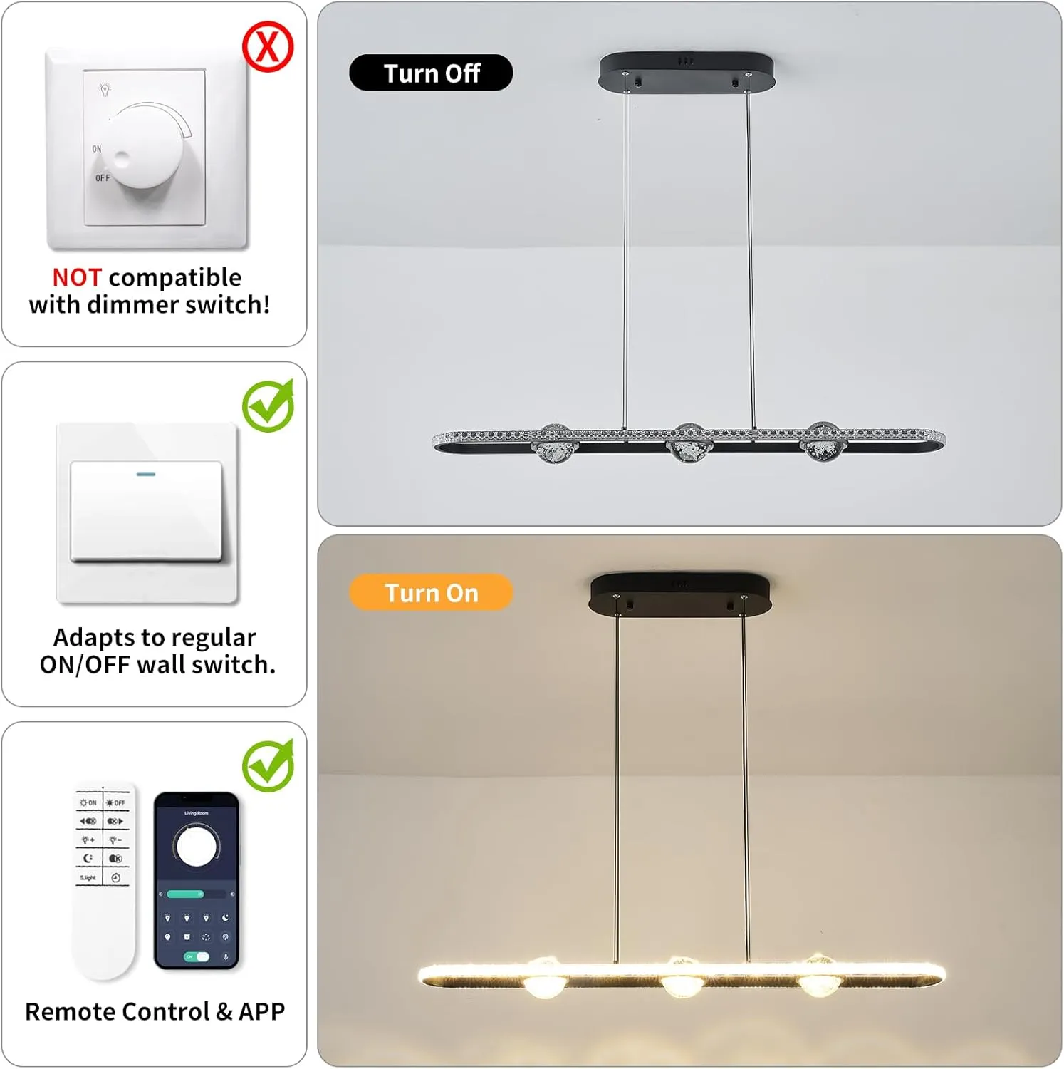 Modern LED Pendant Lights, Dimmable 39in Crystal Globe LED Rectangle Chandelier Lighting, Linear Black Dining Room Hanging Light Fixtures Kitchen Island Pendant Light Over Dining Table, 40W