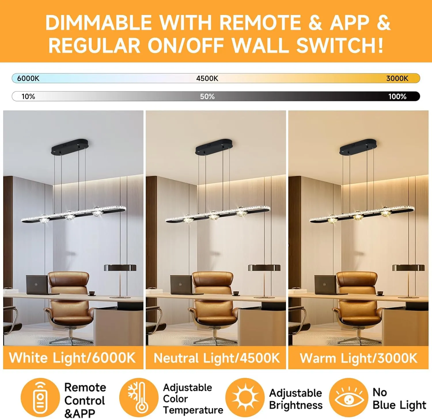 Modern LED Pendant Lights, Dimmable 39in Crystal Globe LED Rectangle Chandelier Lighting, Linear Black Dining Room Hanging Light Fixtures Kitchen Island Pendant Light Over Dining Table, 40W