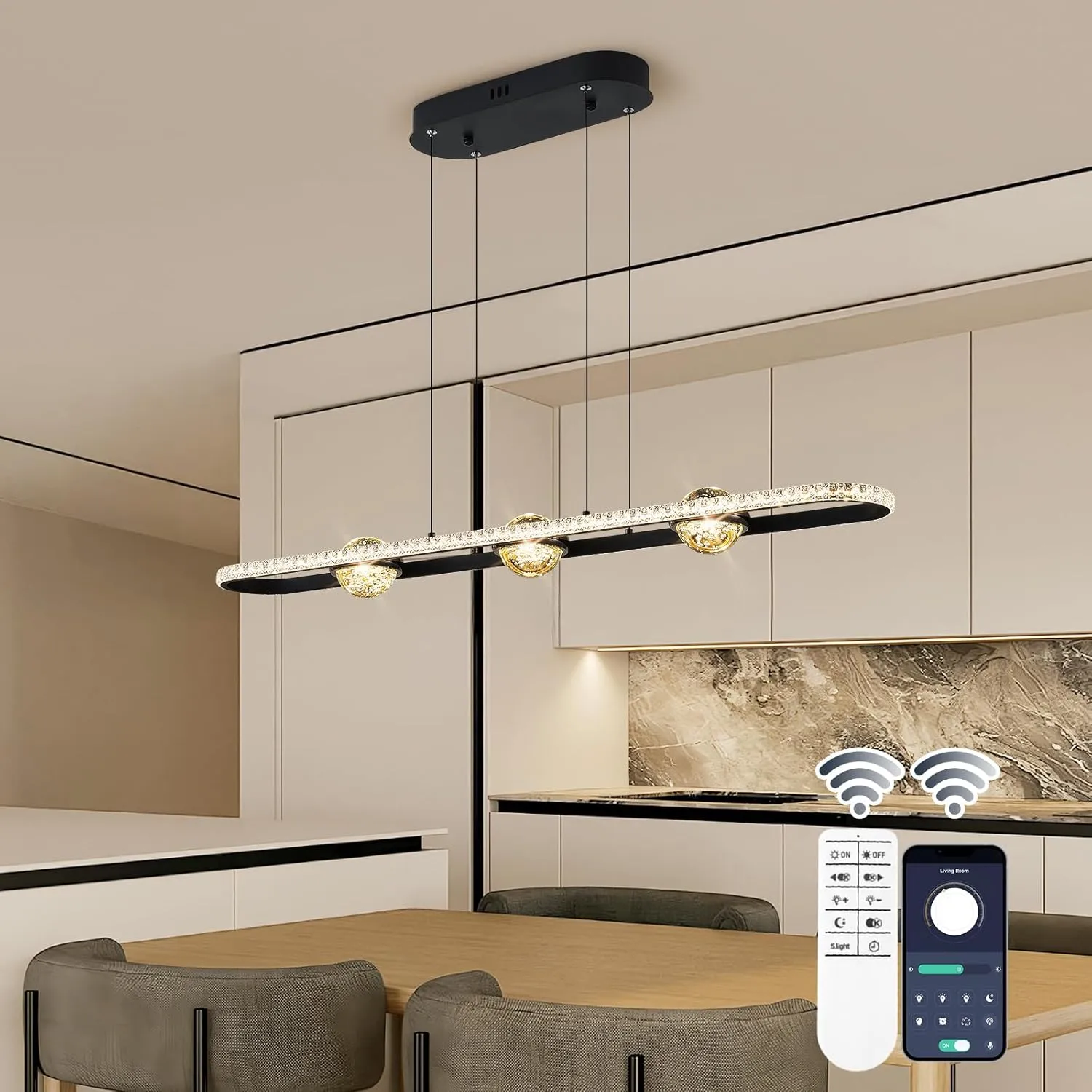 Modern LED Pendant Lights, Dimmable 39in Crystal Globe LED Rectangle Chandelier Lighting, Linear Black Dining Room Hanging Light Fixtures Kitchen Island Pendant Light Over Dining Table, 40W
