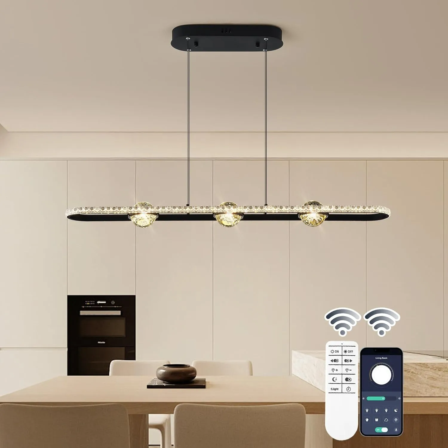 Modern LED Pendant Lights, Dimmable 39in Crystal Globe LED Rectangle Chandelier Lighting, Linear Black Dining Room Hanging Light Fixtures Kitchen Island Pendant Light Over Dining Table, 40W