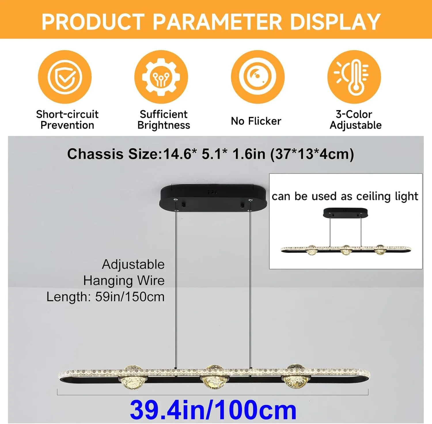 Modern LED Pendant Lights, Dimmable 39in Crystal Globe LED Rectangle Chandelier Lighting, Linear Black Dining Room Hanging Light Fixtures Kitchen Island Pendant Light Over Dining Table, 40W