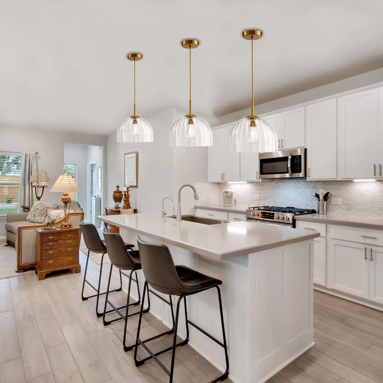 Modern Pendant Lights Kitchen Island, 11.8 Inch Large Chandelier, Rustic Farmhouse Industrial Ceiling Hanging LED Lighting Fixture with Clear Glass Bell Shade for Dining Room