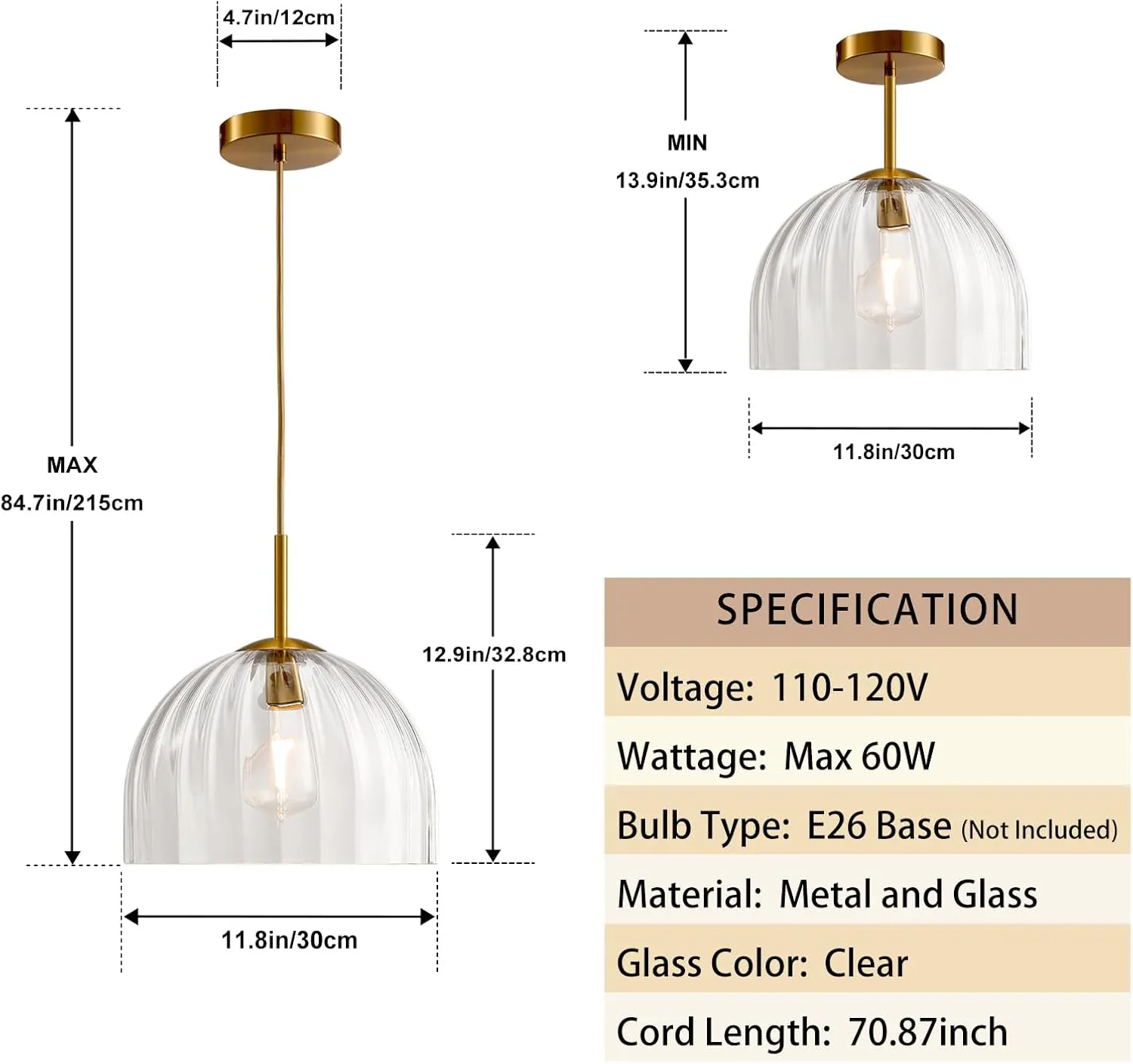 Modern Pendant Lights Kitchen Island, 11.8 Inch Large Chandelier, Rustic Farmhouse Industrial Ceiling Hanging LED Lighting Fixture with Clear Glass Bell Shade for Dining Room