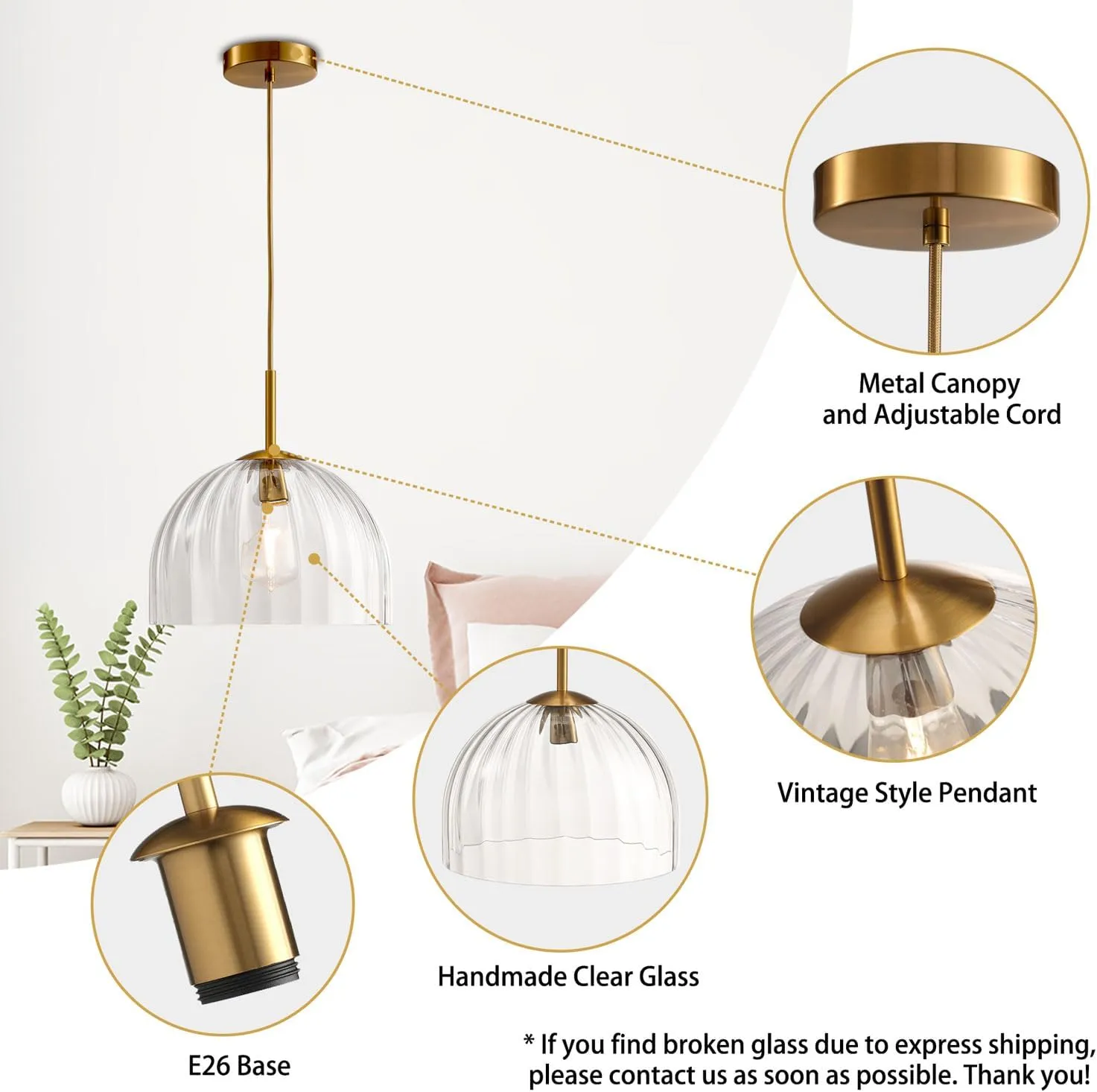 Modern Pendant Lights Kitchen Island, 11.8 Inch Large Chandelier, Rustic Farmhouse Industrial Ceiling Hanging LED Lighting Fixture with Clear Glass Bell Shade for Dining Room