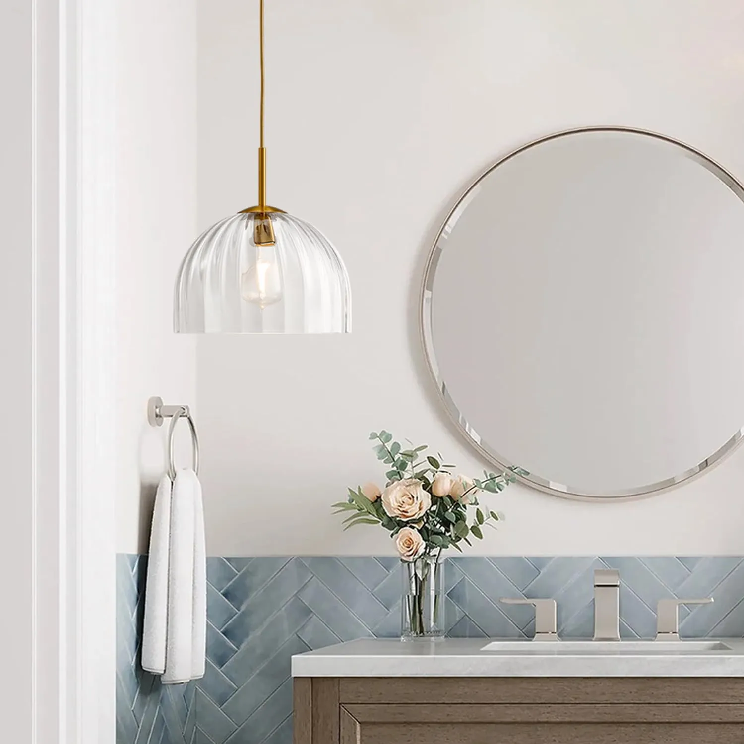 Modern Pendant Lights Kitchen Island, 11.8 Inch Large Chandelier, Rustic Farmhouse Industrial Ceiling Hanging LED Lighting Fixture with Clear Glass Bell Shade for Dining Room