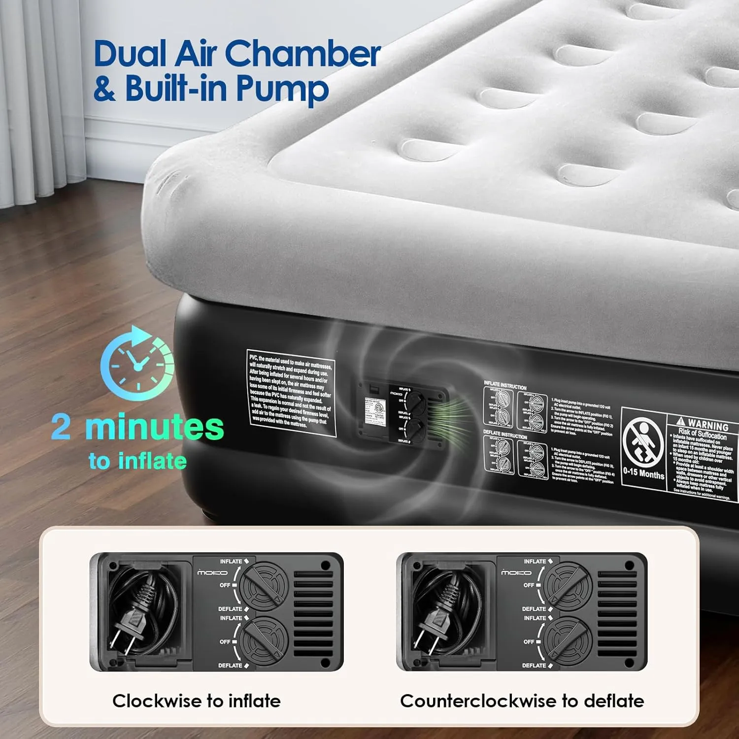 MoKo Twin Air Mattress with Built in Pump, 18'' Luxury Inflatable Mattress, 2 Min Fast Blow up Mattress with Dual-Chamber, Comfort Top - Velvety Air Bed for Home, Camping, Travel, Guests, Black/Gray
