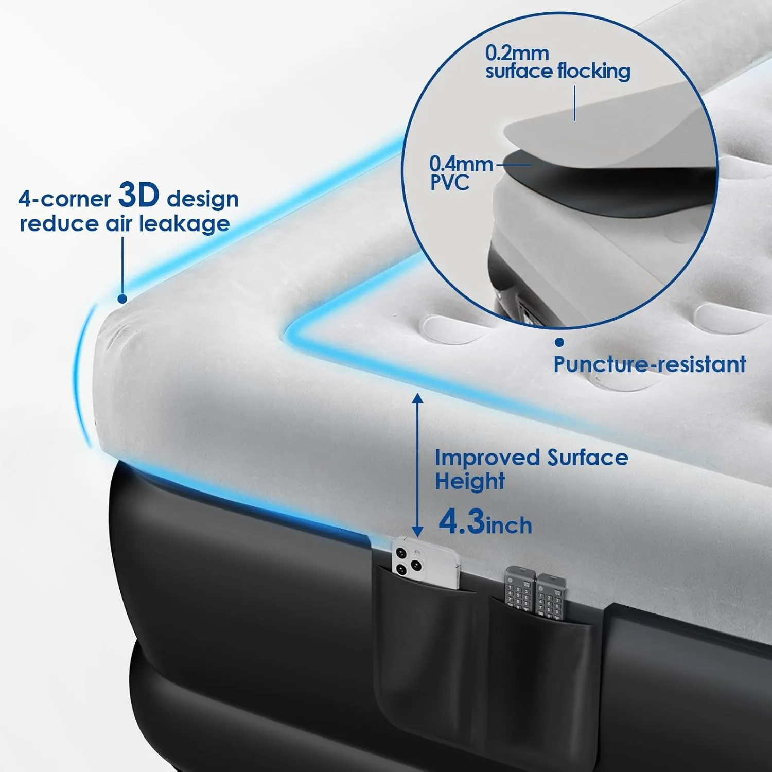 MoKo Twin Air Mattress with Built in Pump, 18'' Luxury Inflatable Mattress, 2 Min Fast Blow up Mattress with Dual-Chamber, Comfort Top - Velvety Air Bed for Home, Camping, Travel, Guests, Black/Gray