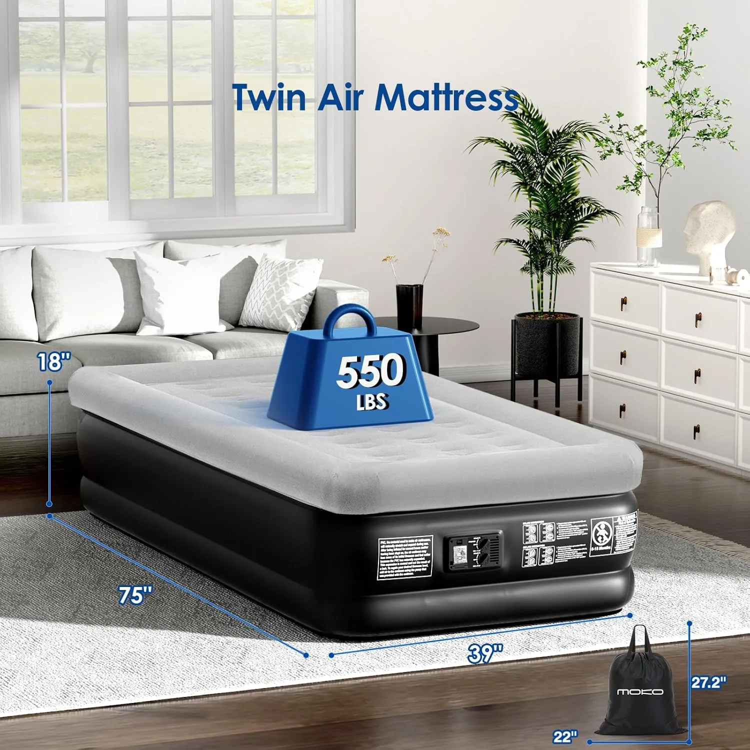 MoKo Twin Air Mattress with Built in Pump, 18'' Luxury Inflatable Mattress, 2 Min Fast Blow up Mattress with Dual-Chamber, Comfort Top - Velvety Air Bed for Home, Camping, Travel, Guests, Black/Gray