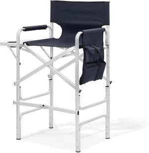 MoNiBloom 31-Inch Foldable Tall Director Chair Folding Portable Aluminum Frame Makeup Artist Chair, with Side Table, Cup Holder and Pockets, 250lbs Capacity (Navy Blue)