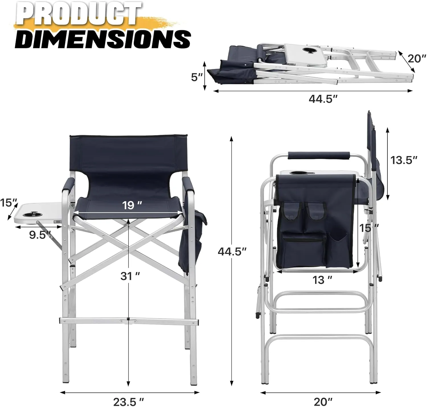 MoNiBloom 31-Inch Foldable Tall Director Chair Folding Portable Aluminum Frame Makeup Artist Chair, with Side Table, Cup Holder and Pockets, 250lbs Capacity (Navy Blue)