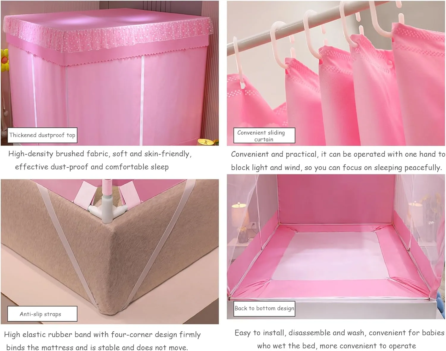 Mosquito Net, Bed Tent, Twin Size Bed Cover, King Size Fitted Sheet Style Blackout Tent with Breathable Mesh Bed Curtains Bedroom Decor for Girls' and Adult Beds/K Pink/200X220X170Cm