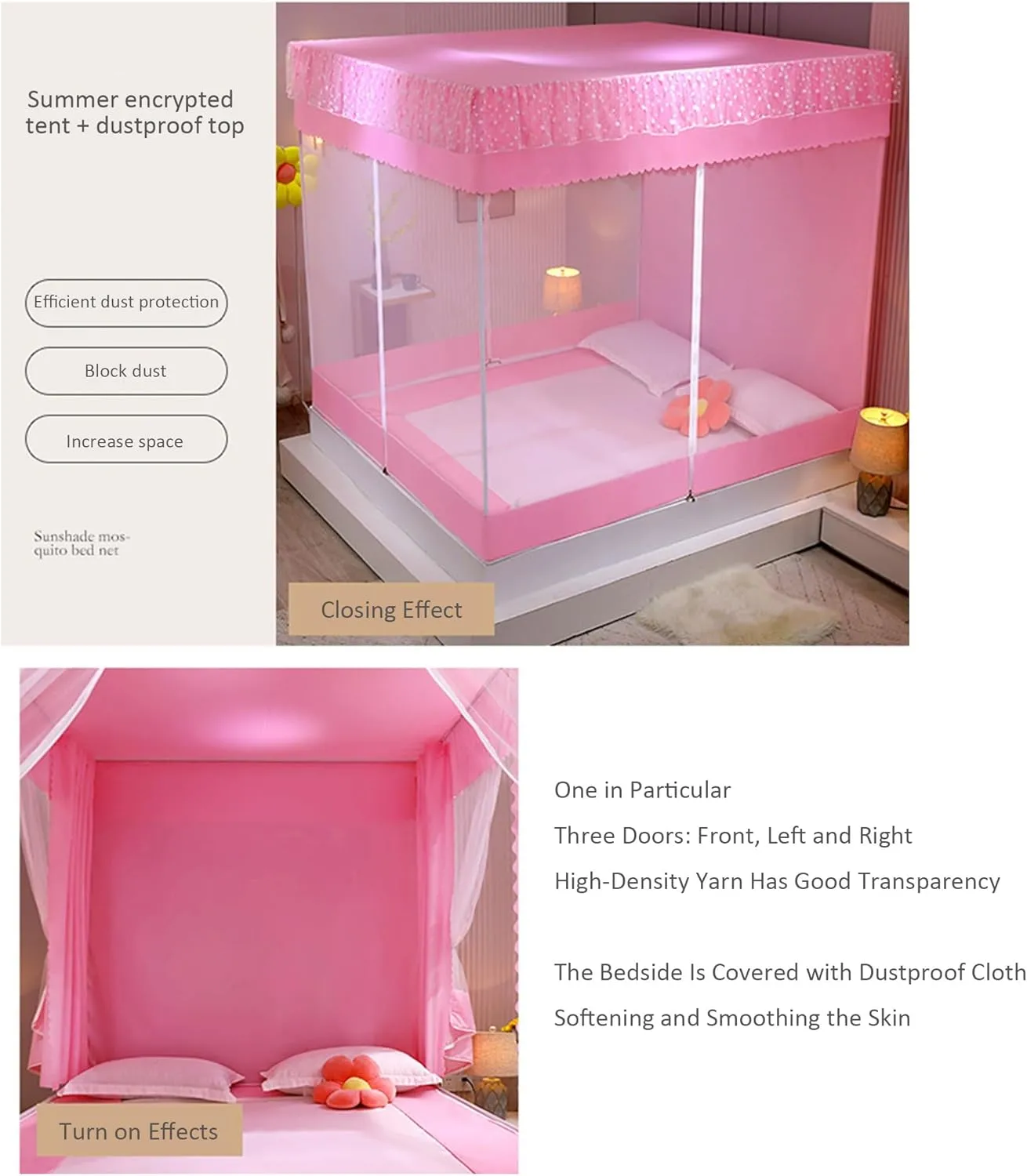 Mosquito Net, Bed Tent, Twin Size Bed Cover, King Size Fitted Sheet Style Blackout Tent with Breathable Mesh Bed Curtains Bedroom Decor for Girls' and Adult Beds/K Pink/200X220X170Cm