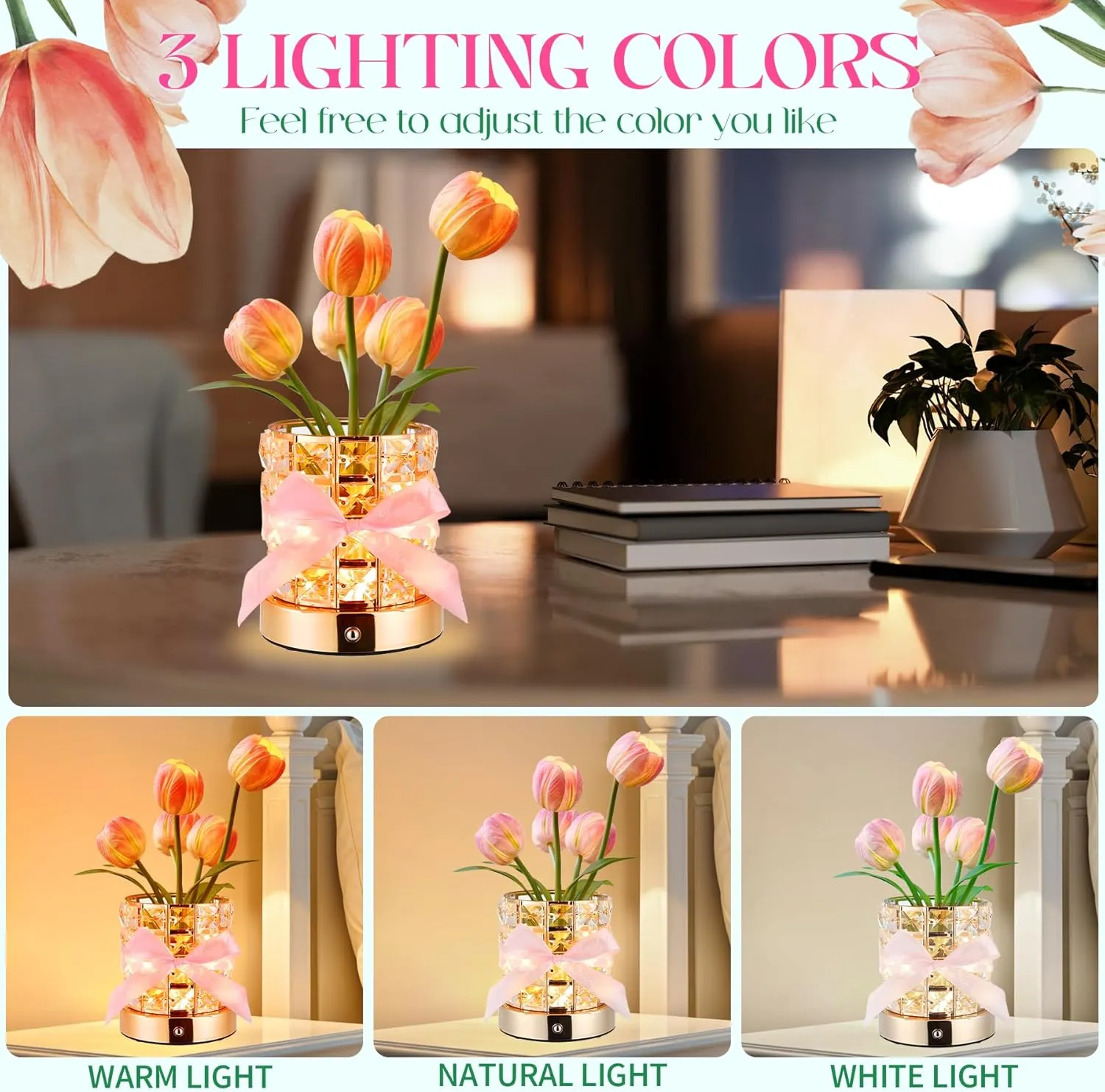 Mothers Day Gifts for for Mom/Birthday Gifts for Women, Flower Lamp Cordless Night Light Dimmable, Crystal Base with USB Charge Perfect Home Decor,Unique Mother Wife Girlfriend Birthday Gift Idea