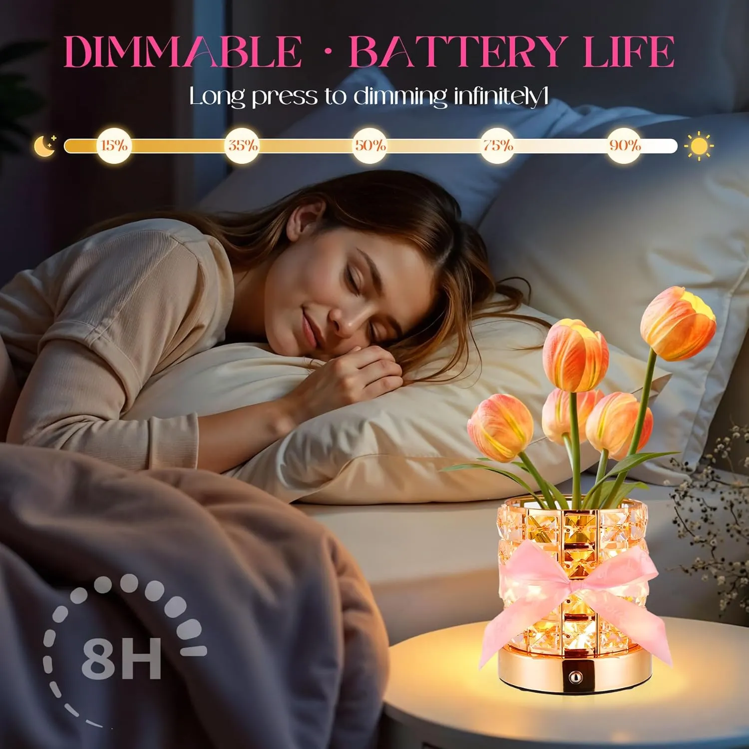 Mothers Day Gifts for for Mom/Birthday Gifts for Women, Flower Lamp Cordless Night Light Dimmable, Crystal Base with USB Charge Perfect Home Decor,Unique Mother Wife Girlfriend Birthday Gift Idea