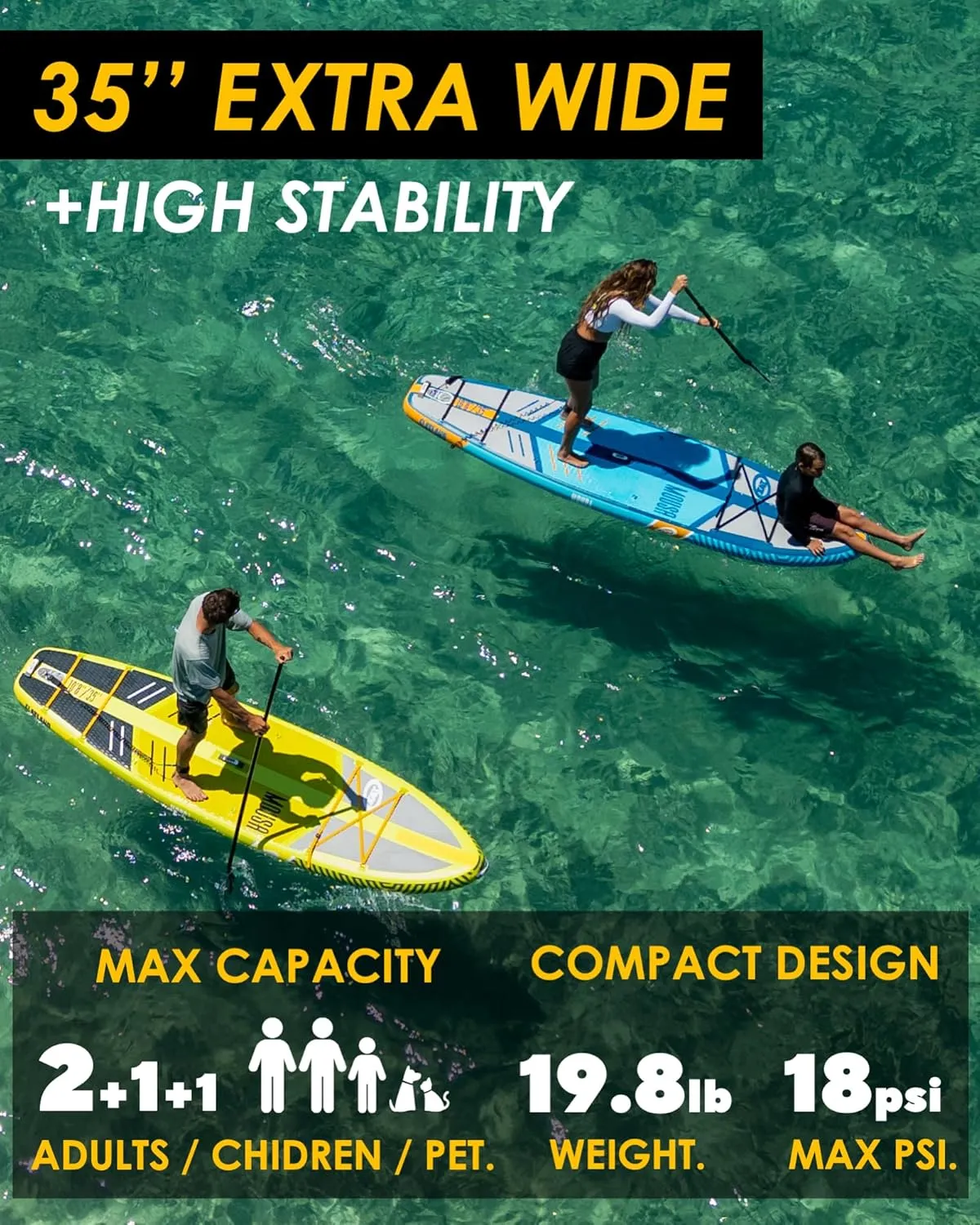 MOUSA 10’8 * 35 Extra Wide Inflatable Stand Up Paddle Board, Stable Paddleboard SUP for 2 People/Family, Anti-Slip Full EVA Deck,Shoulder Strap, 3 Handles, 100L Backpack, All-Round Sup Board, Big Fin