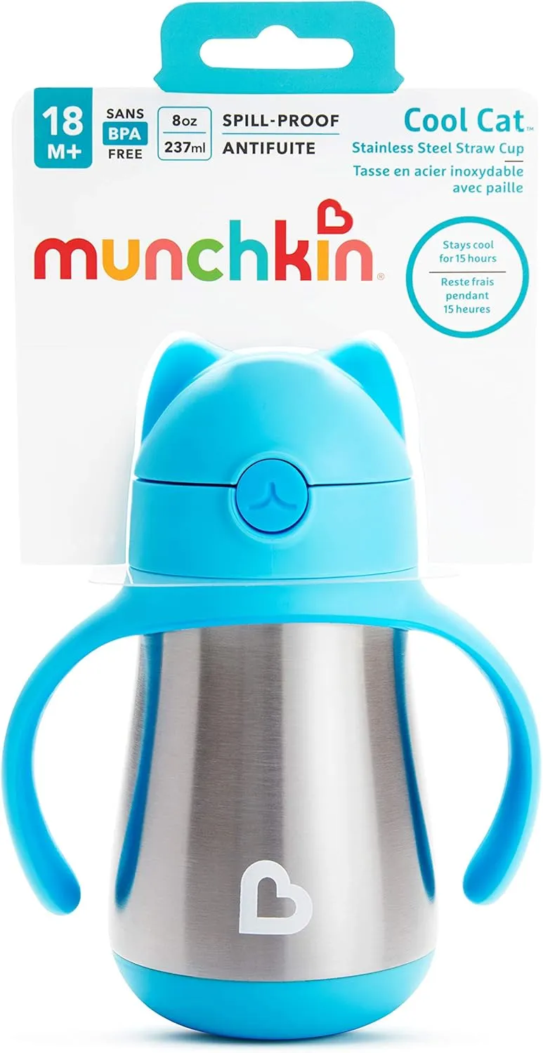 Munchkin Cool Cat Sippy Cup for Toddlers, Stainless Steel Straw Cup, 8 Ounce, Blue